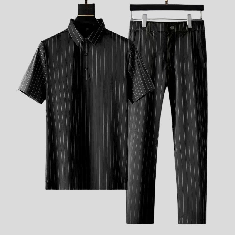 Tavellé two-piece set in neutral tones with sharp collar, tailored leg, and relaxed polished short-sleeve fit