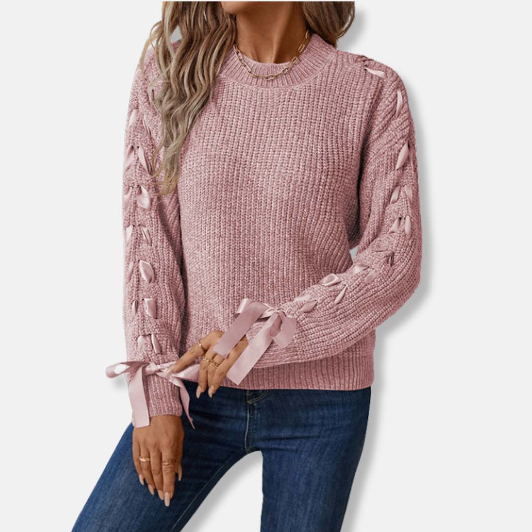Women's cream soft knit relaxed-fit crew neck pullover sweater with lace-up sleeve detail