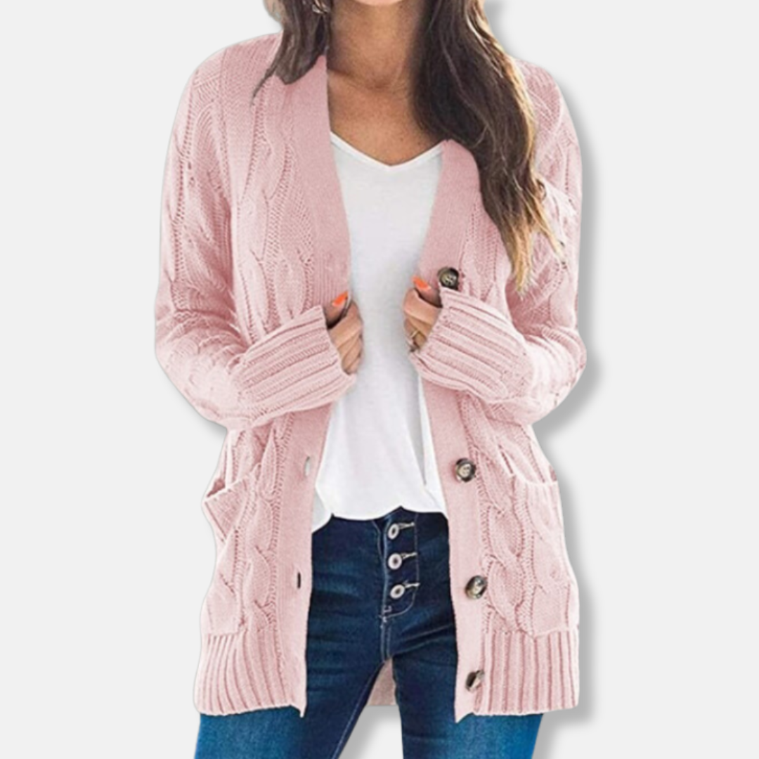 Women's chunky cable knit cardigan sweater relaxed fit with button front and patch pockets
