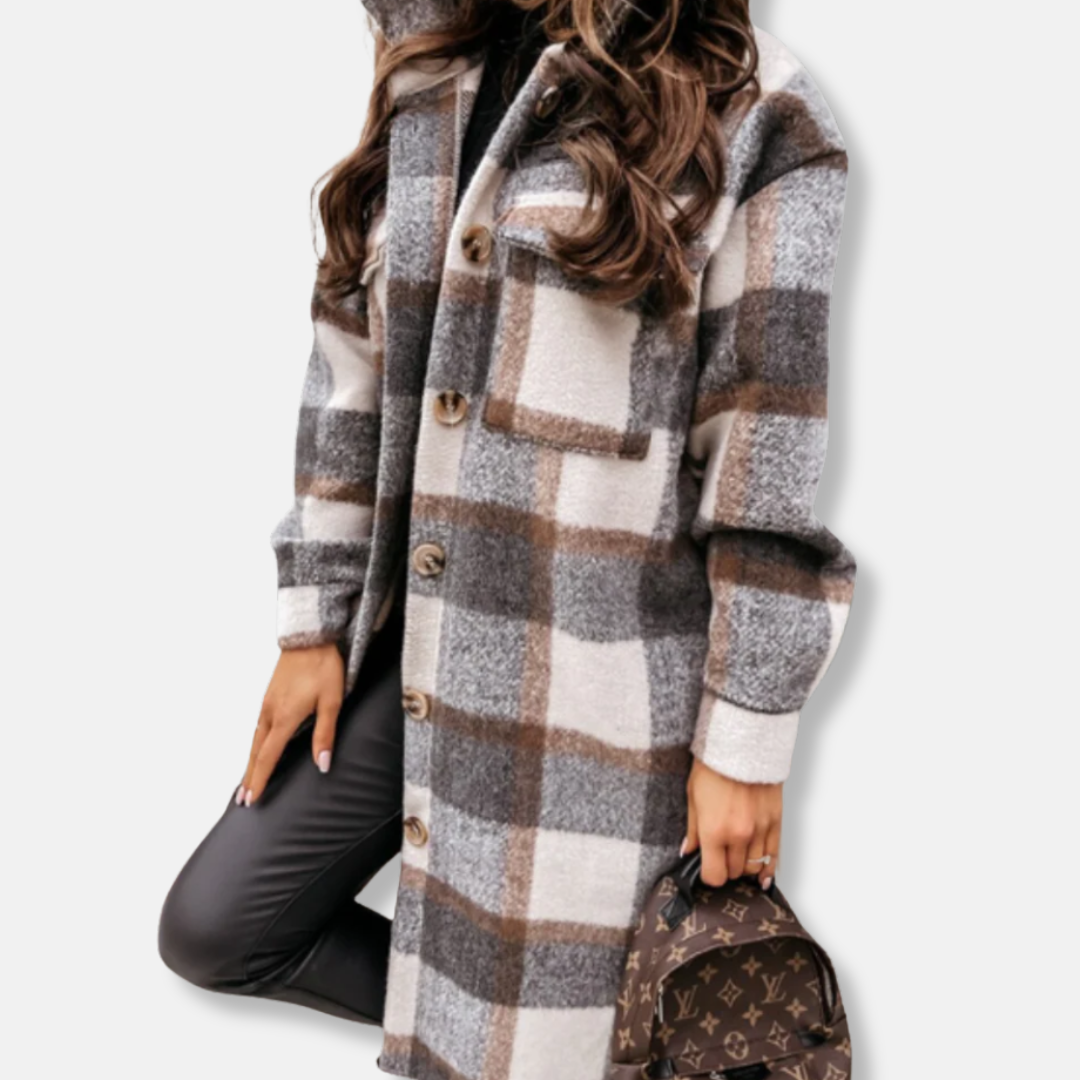 Women's oversized plaid shirt coat, thick woven fabric, long sleeve, relaxed mid-thigh length