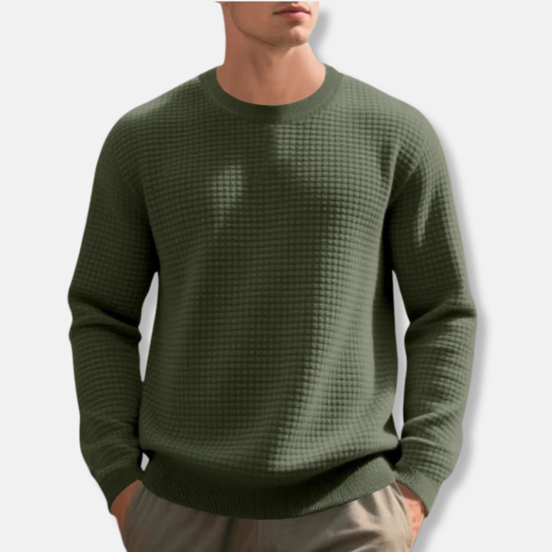 Men's loose fit crew neck sweatshirt cotton blend waffle-knit texture ribbed cuffs casual wear