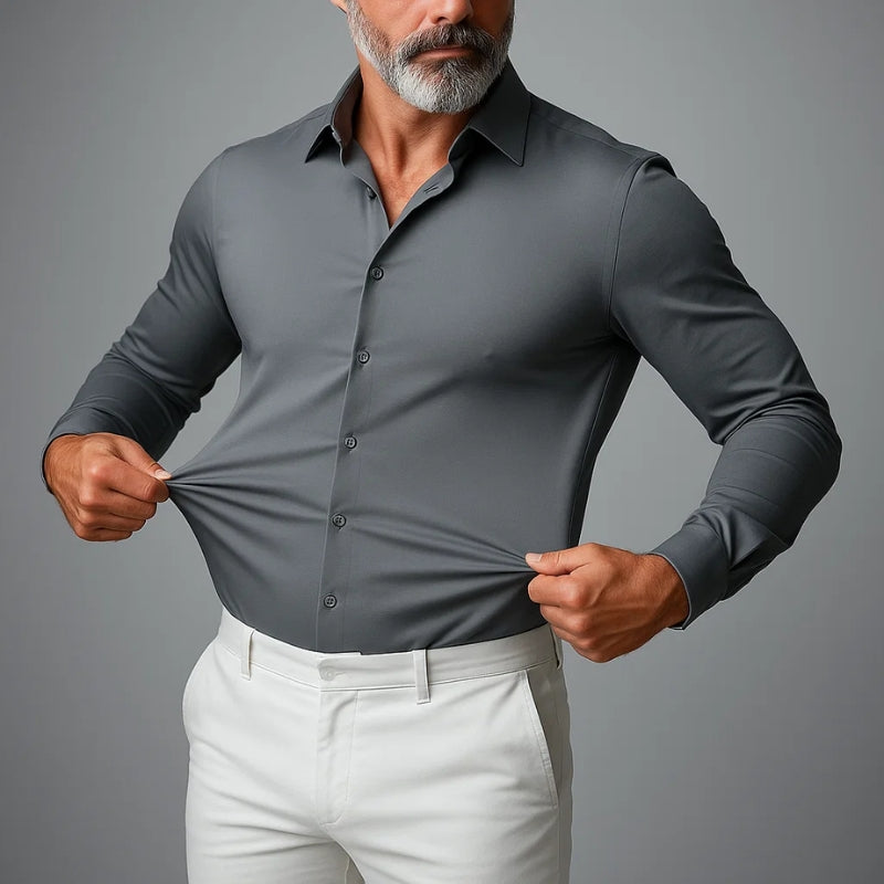 Duvant slim fit stretch dress shirt in classic solid color, wrinkle-free 4-way stretch weave