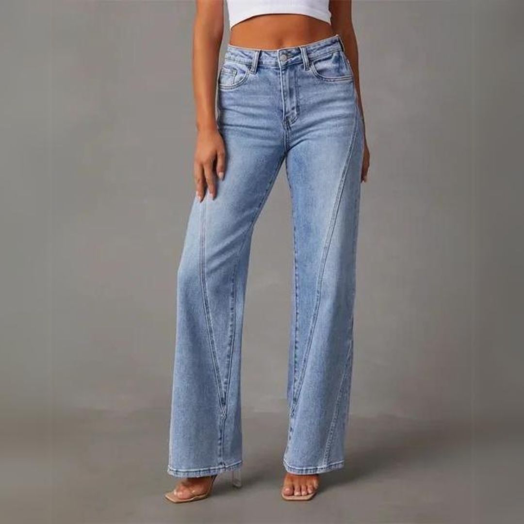 Women's casual wide-leg relaxed fit jeans in classic blue denim with flattering hip silhouette