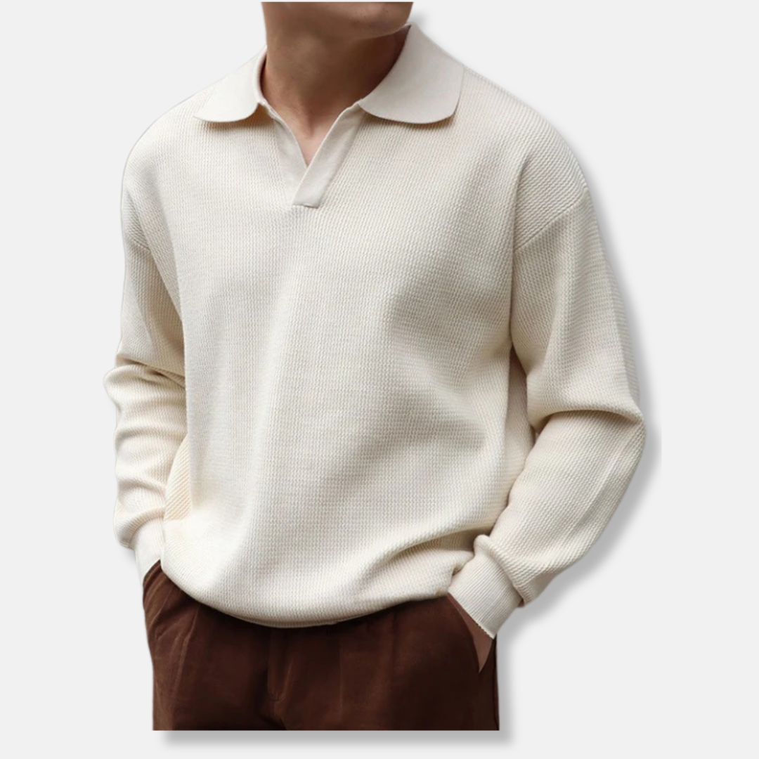 Men's relaxed fit knit polo collar V-neck pullover sweater in neutral cotton blend with ribbed cuffs