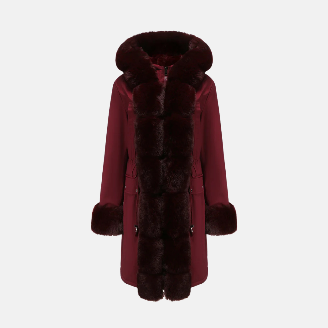 Women's full-length wool-blend long coat in neutral tone with plush faux fur hood and cuffs