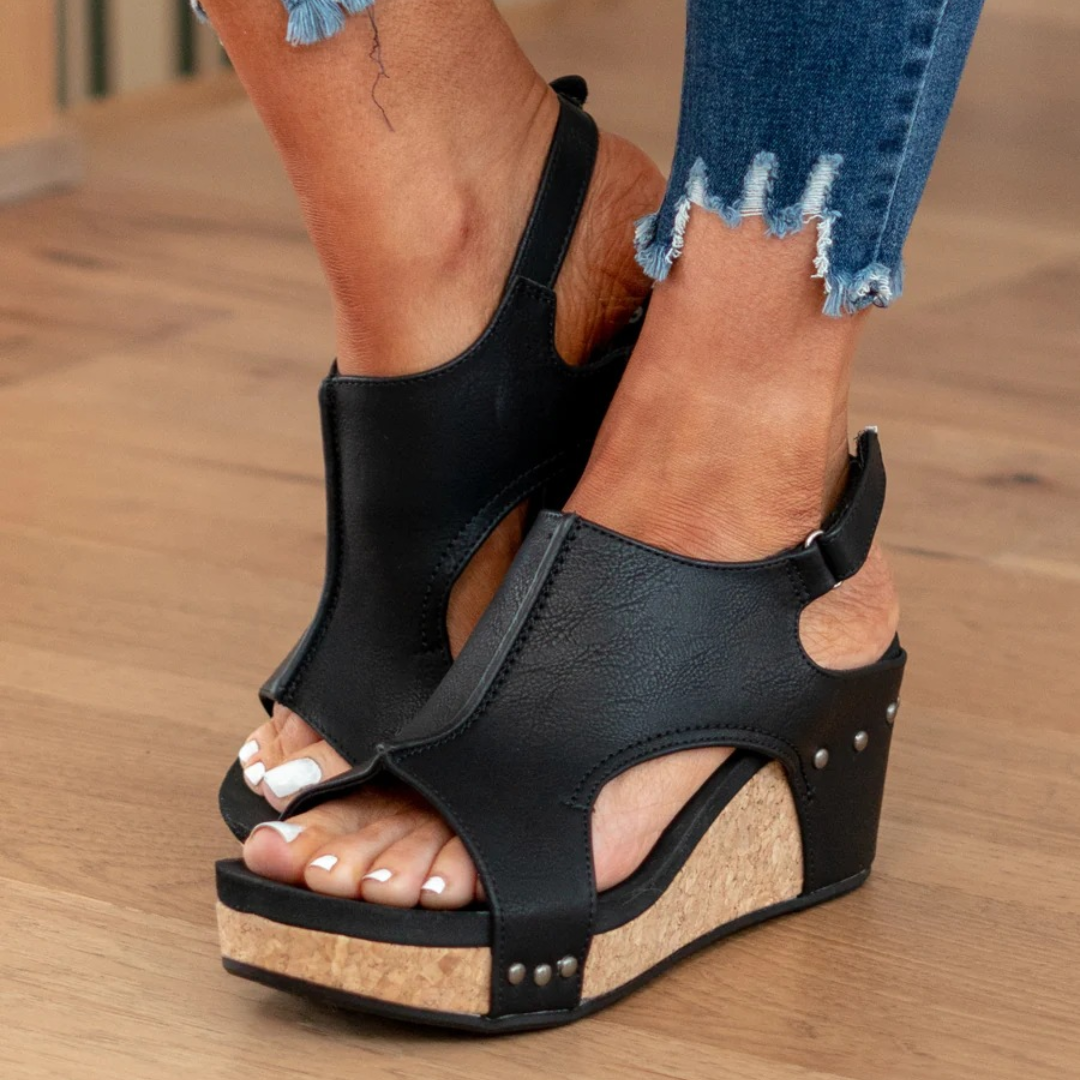 Linda suede wedge sandals in neutral tone, flexible fit with breathable upper for all-day comfort
