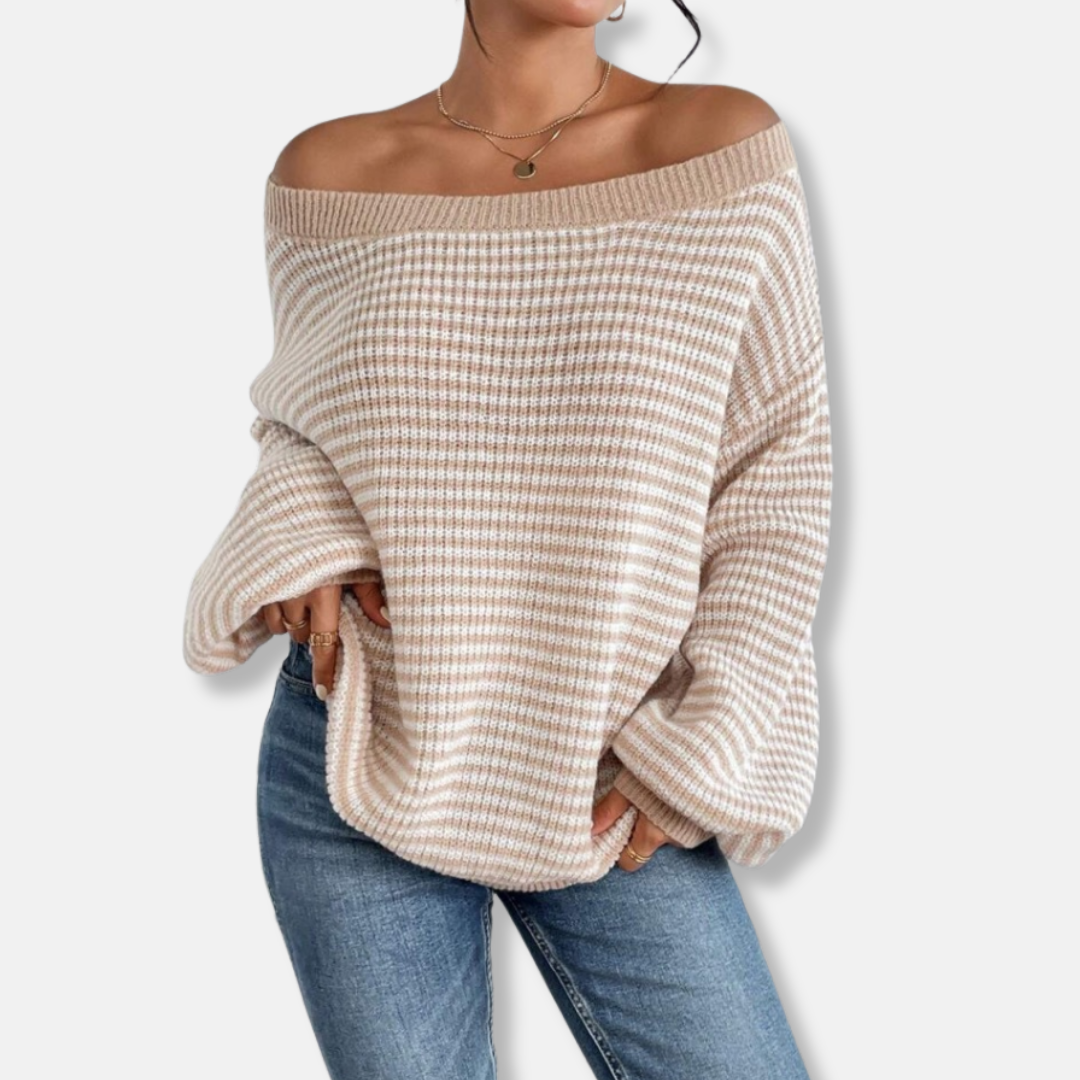 Women's knitted sweater boat neckline lantern sleeves relaxed fit everyday casual refined style