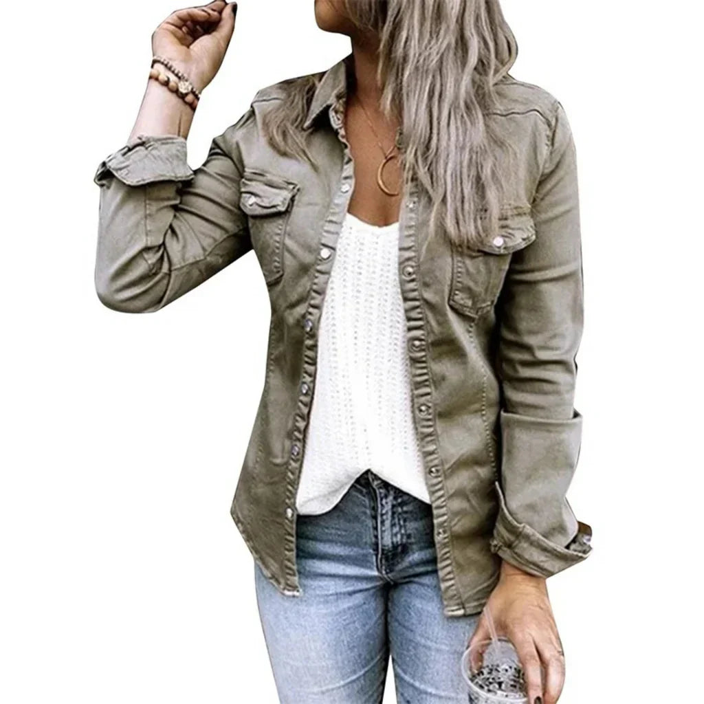 Women's cotton blend relaxed tailored jacket with button front closure and chest pockets