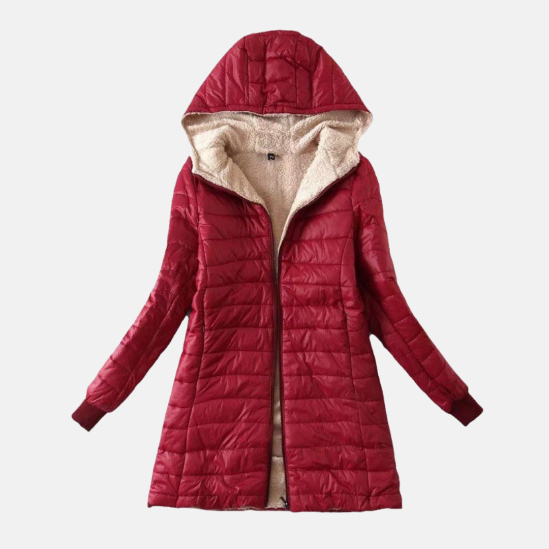 Women's mid-length hooded puffer coat with quilted exterior, plush lining, and sleek grid stitching pattern