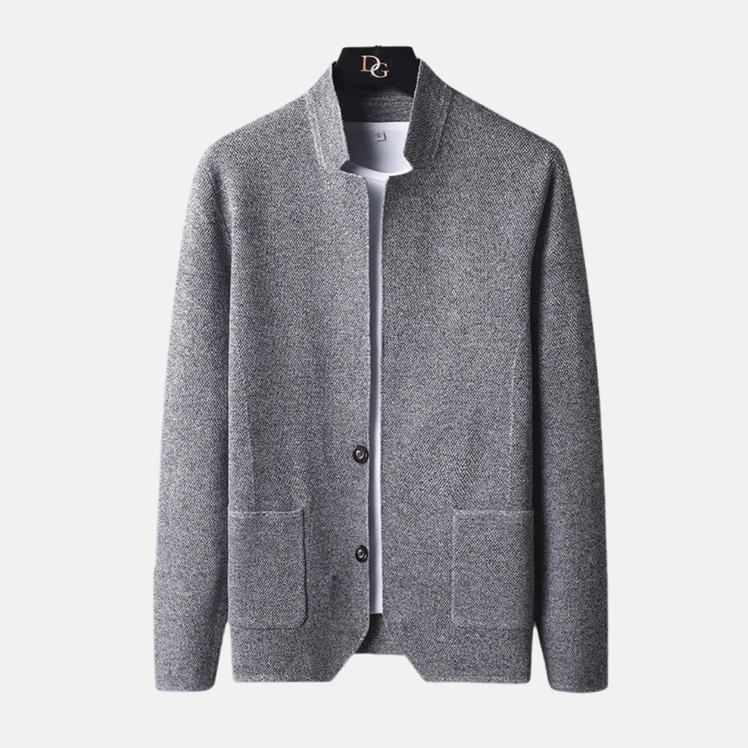 Men's fine knit cardigan band collar two-button front patch pockets smart casual refined texture