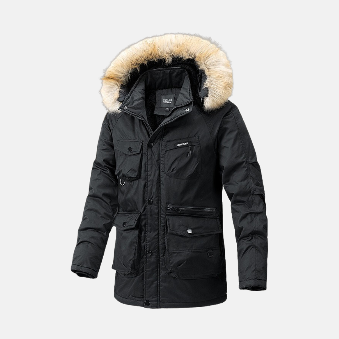 Men's tan insulated parka jacket relaxed fit with detachable faux fur hood weather resistant