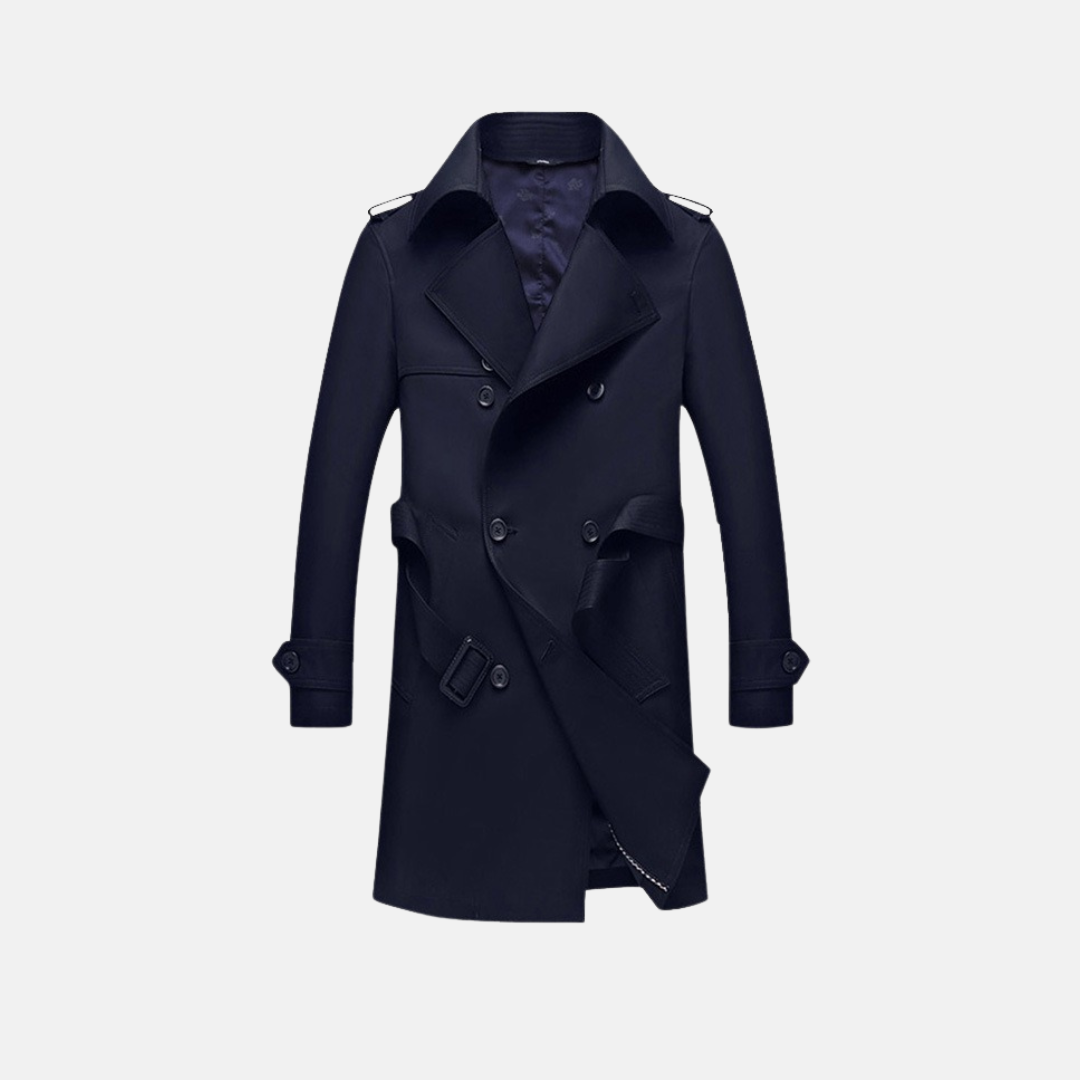 Men's slim fit double-breasted trench coat with detachable belt, tailored professional style