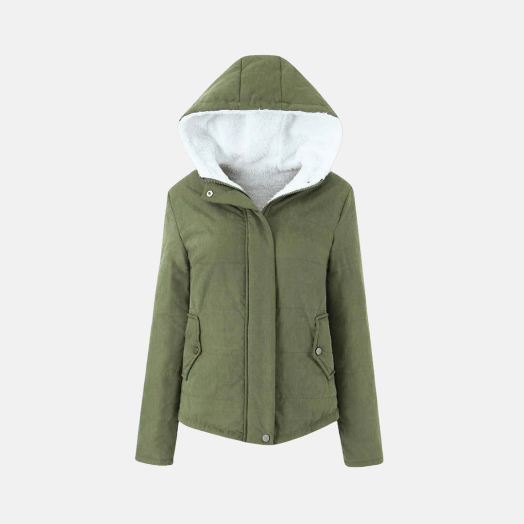 Women's blue quilted padded hooded jacket with fleece lining and snap closure for everyday warmth