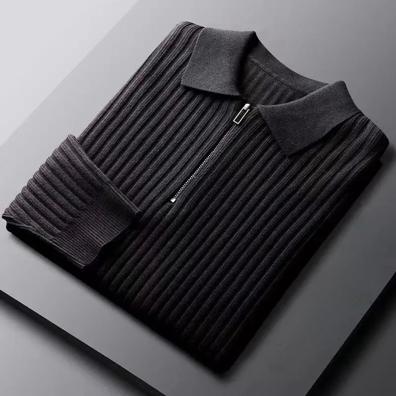 Calvier unisex polo sweater with ribbed vertical knit, zip detail, sleek elongated silhouette
