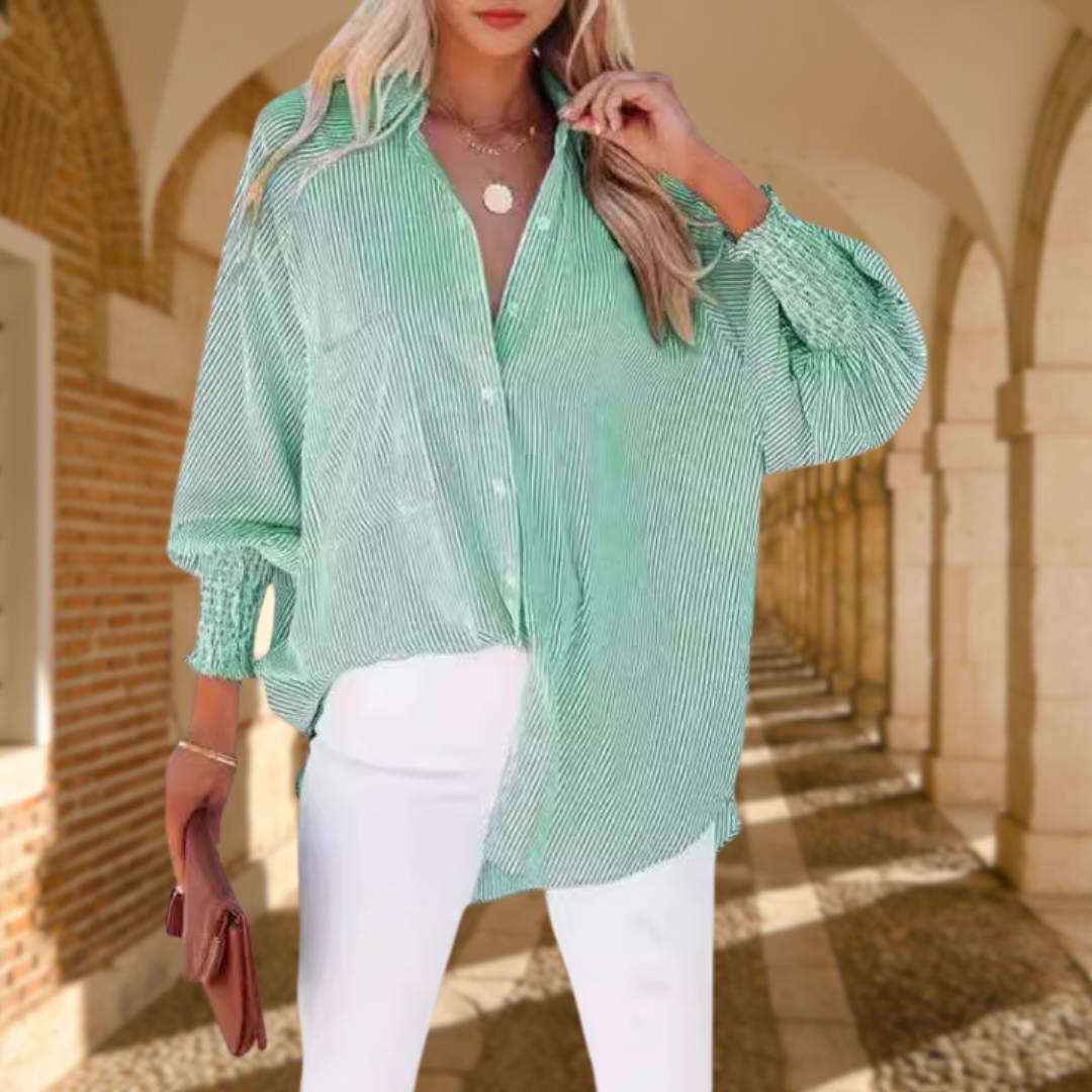Women's baby blue pinstripe oversized button-down shirt with smocked cuffs long sleeve
