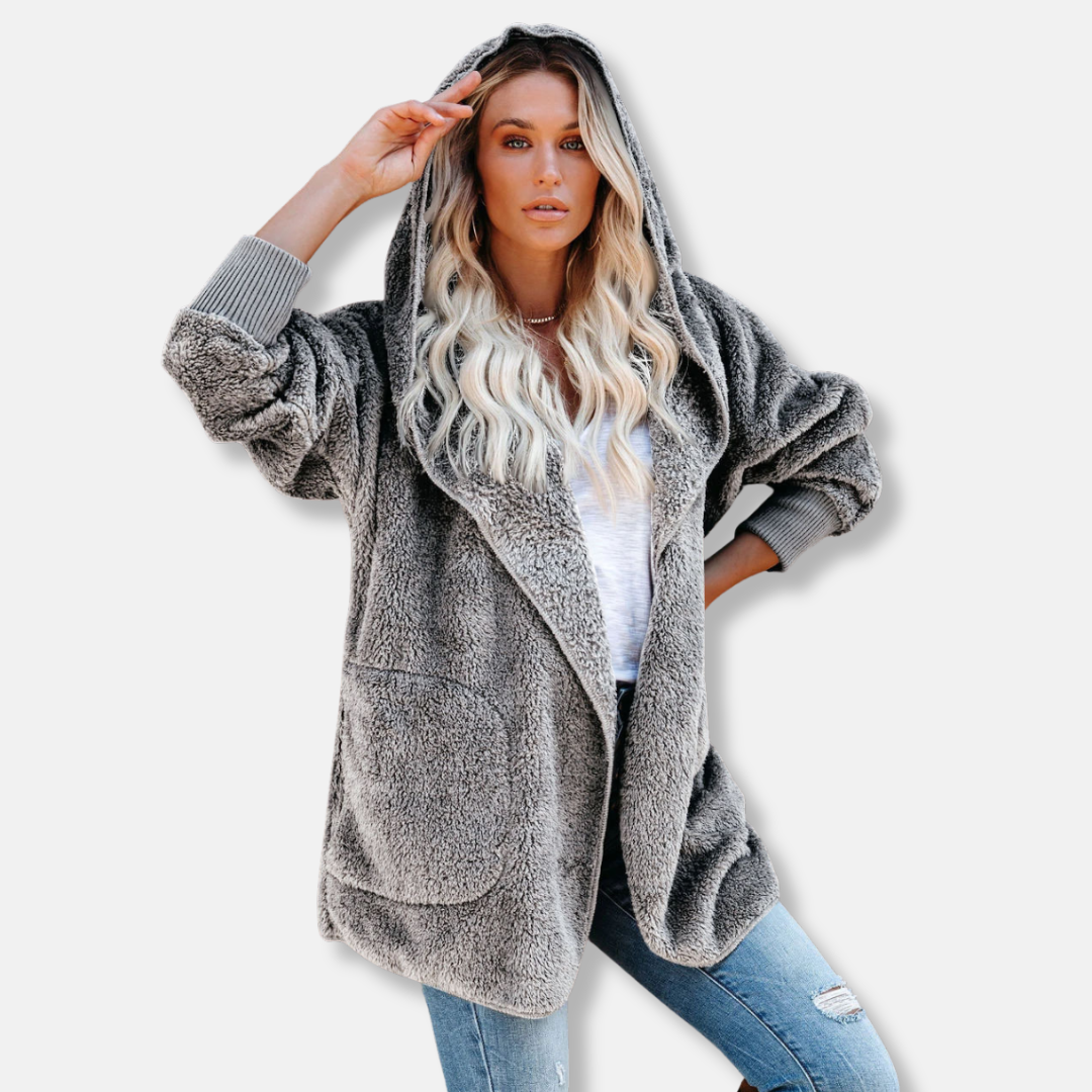 Women's oversized sherpa fleece hooded cardigan, cozy open-front with pockets, relaxed fit