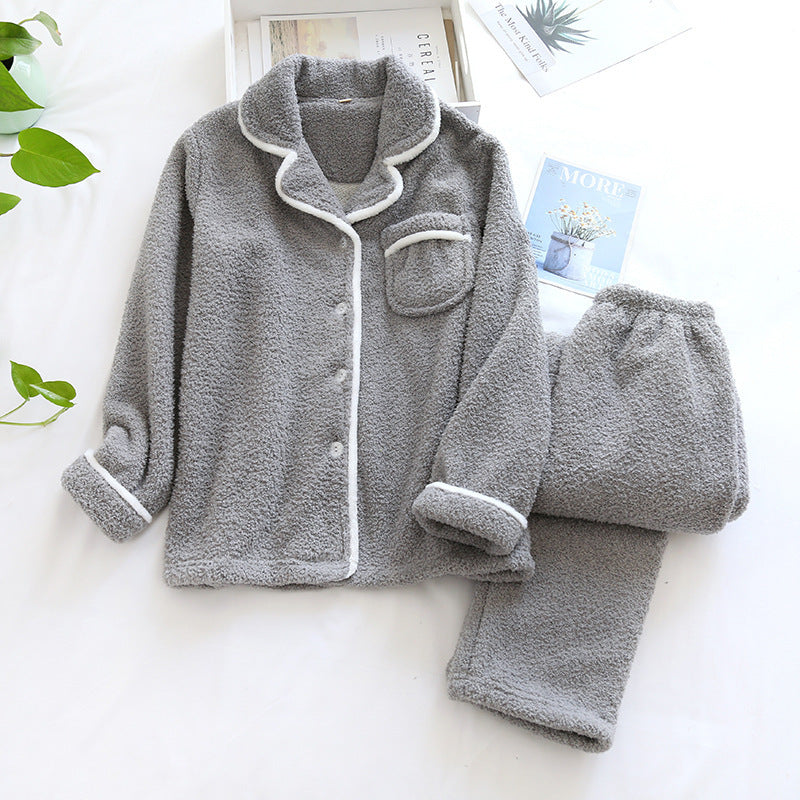 Women's ivory plush fleece relaxed fit pajama set with collared button-front top and matching pants