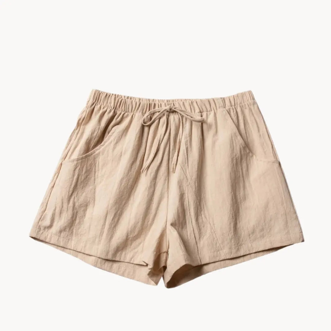 Women's high waist linen shorts with elastic drawstring waistband and slant pockets, lightweight summer fit