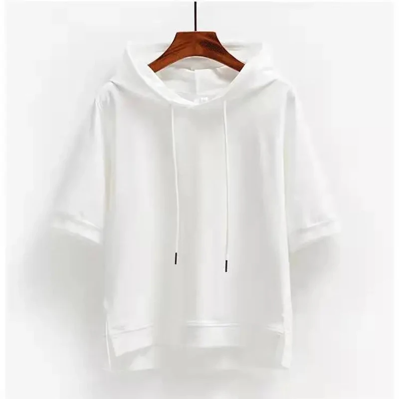 Isla cotton short-sleeve hoodie relaxed hip-length fit with adjustable drawstring hood