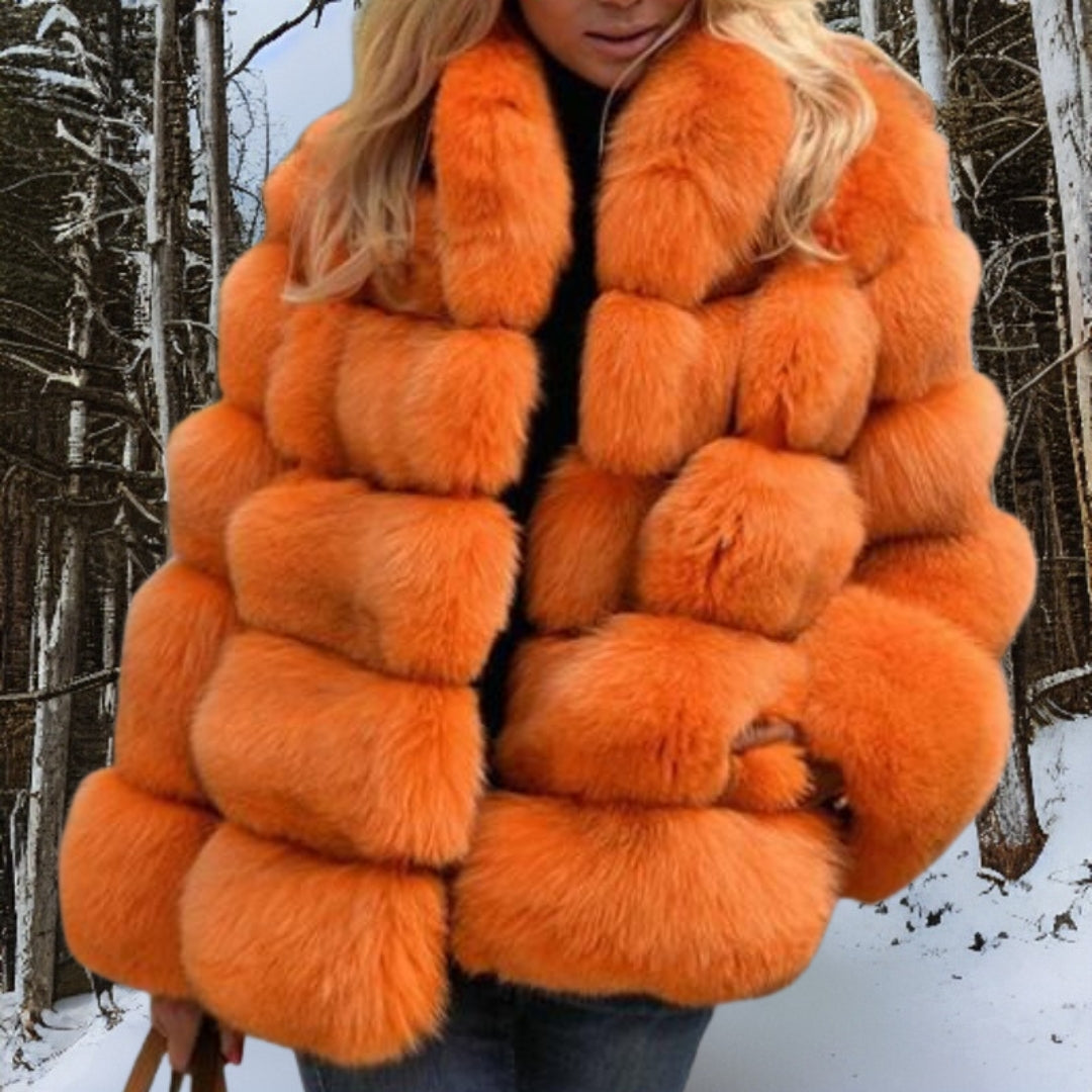 Women's ivory faux fur medium-length quilted jacket with voluminous luxe silhouette