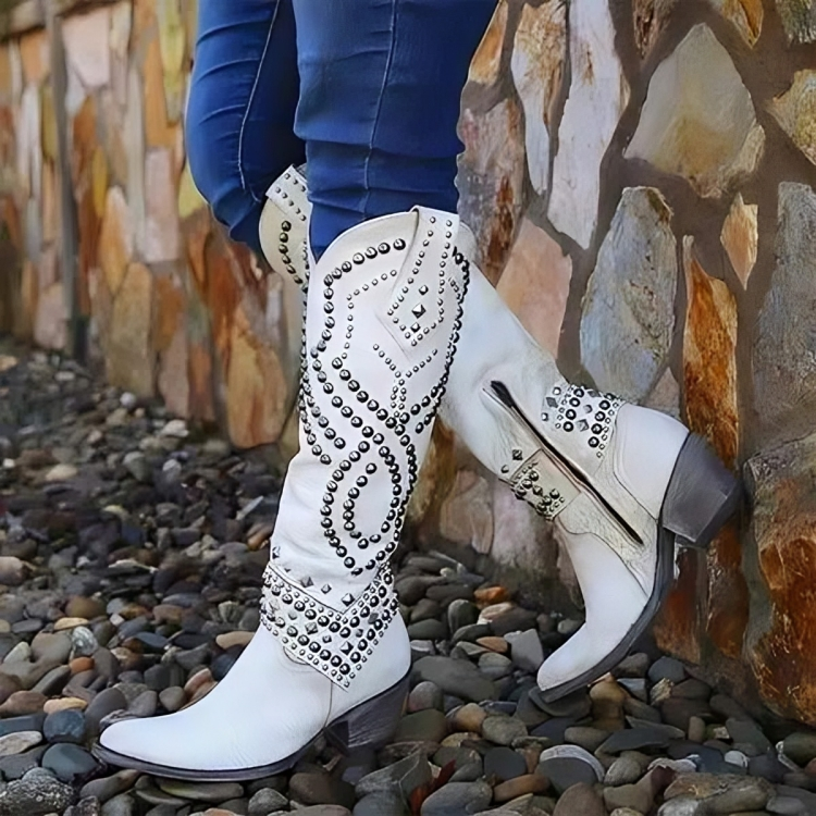 Brown leather Western knee-high boots with classic cowboy stitching and tall polished silhouette