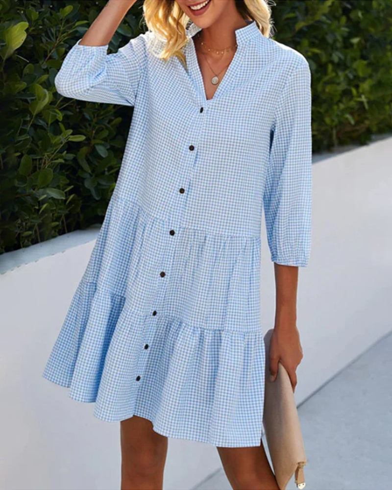 Blue white check summer dress relaxed fit flowing silhouette timeless pattern brunch garden style