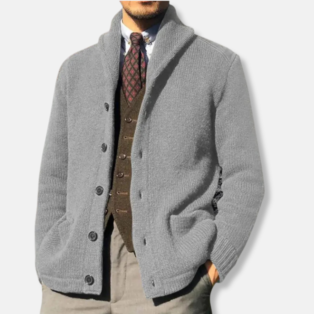 Men's wool knit cardigan regular fit shawl collar button-front with ribbed cuffs smart-casual style