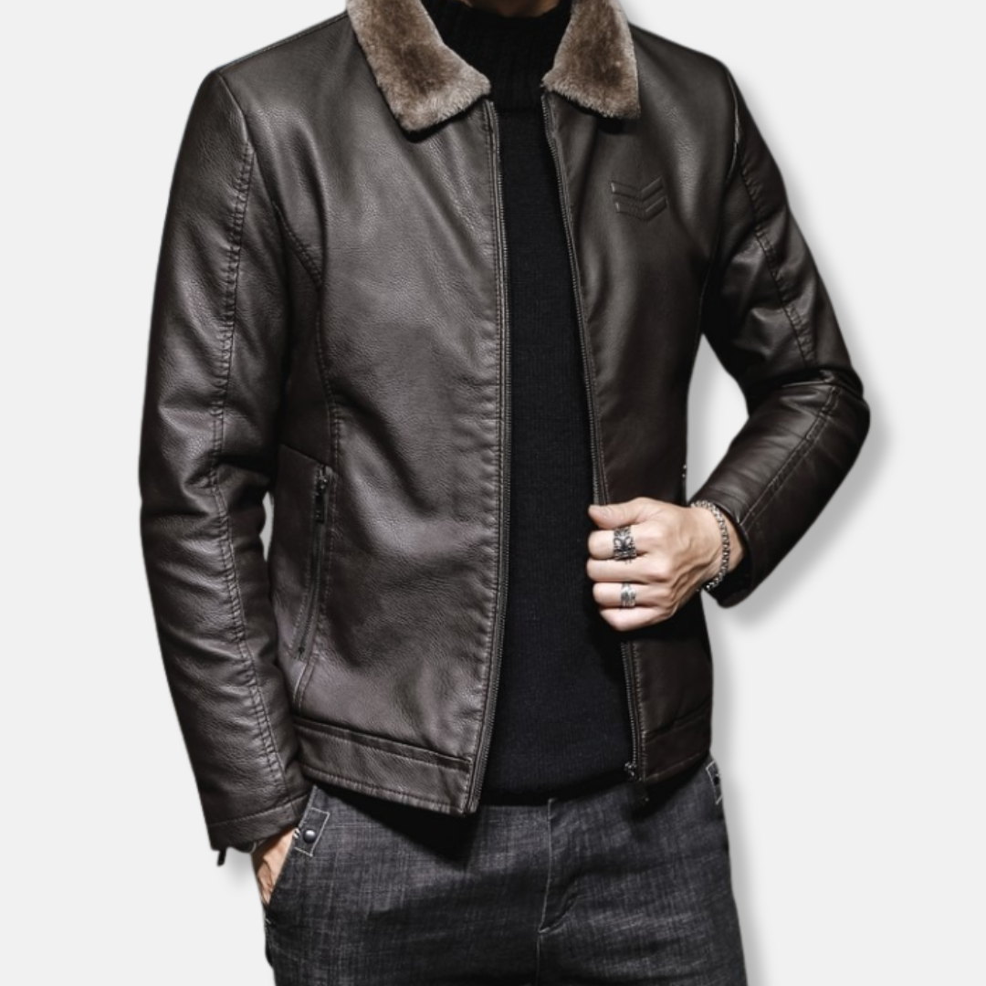 Men's black faux leather hip-length jacket with turn-down collar, full-zip front, faux fur trim