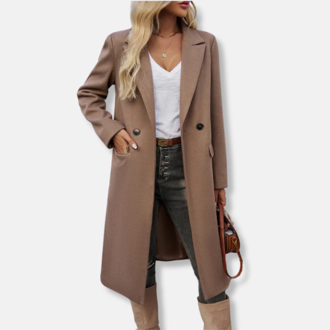 Women's wool blend long coat double breasted notched lapel relaxed fit workwear everyday elegance