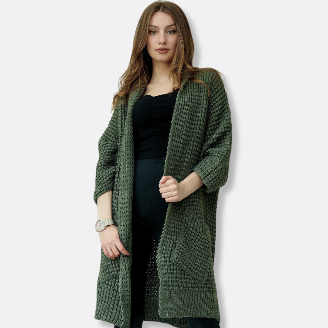 Women's oversized chunky knit wool blend coat open front with patch pockets in neutral tones
