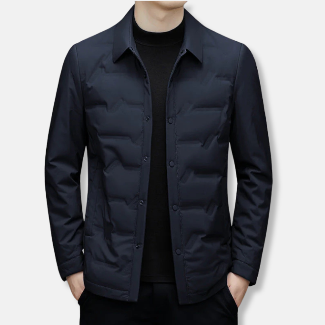 Men's slim fit quilted down jacket waist length button front water resistant navy blue