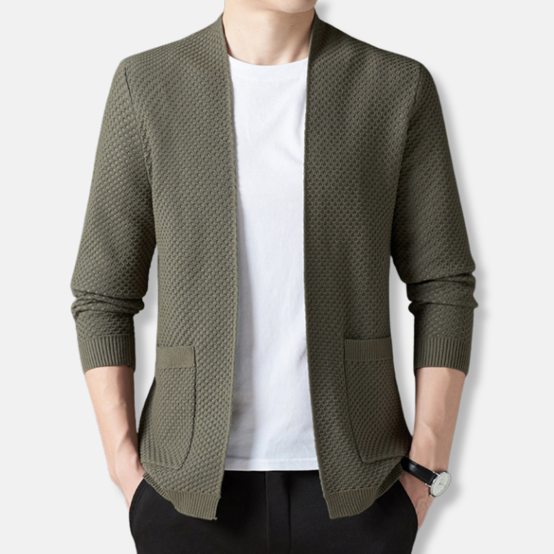 Men's navy open-front waffle knit cardigan relaxed fit hip length fall layering essential