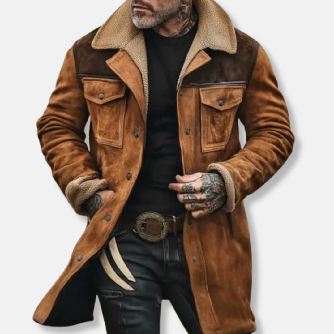 Navy men's trench coat suede-like fabric faux shearling collar modern slim silhouette
