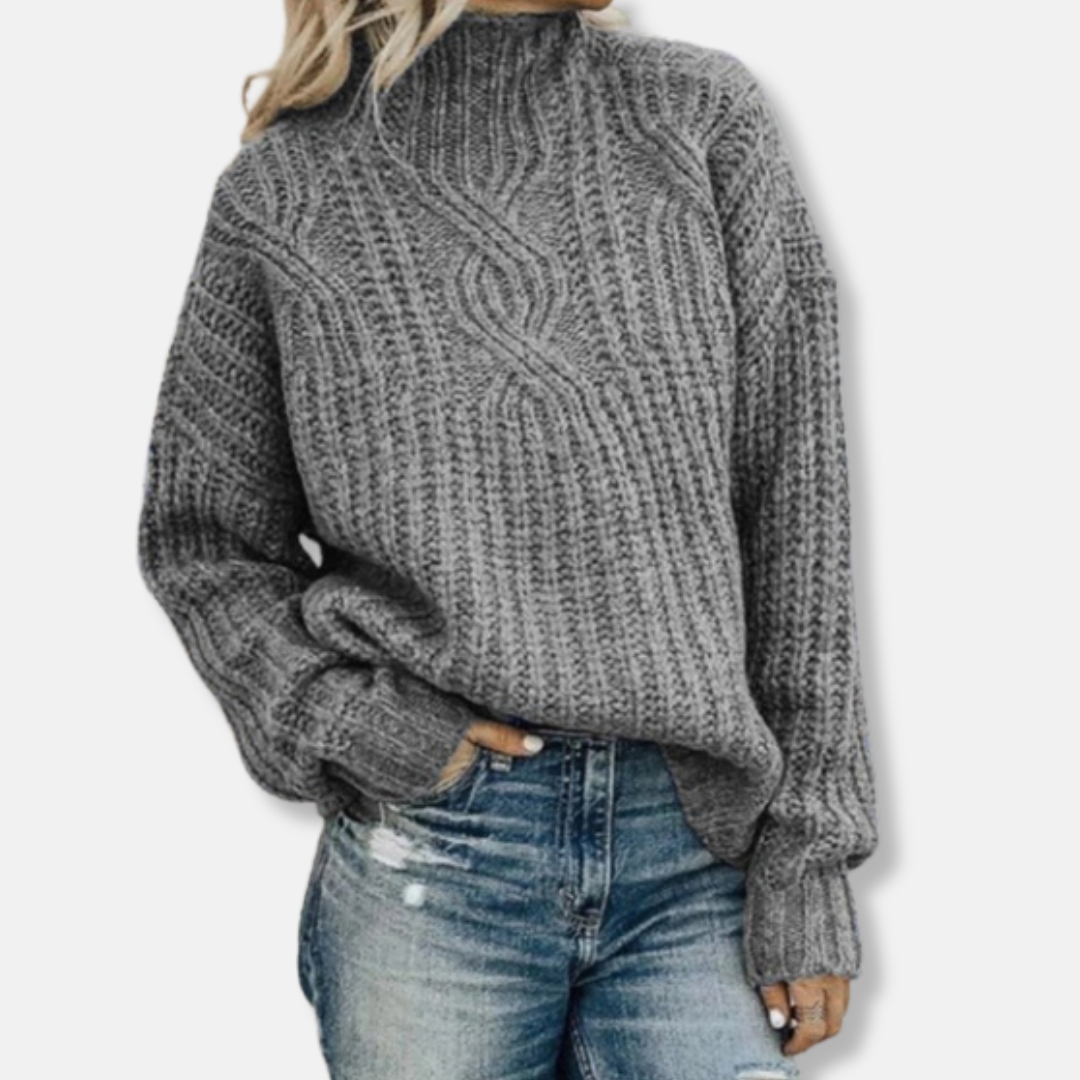 Women's cream wool cable knit pullover sweater, relaxed fit with cozy high neck and classic texture