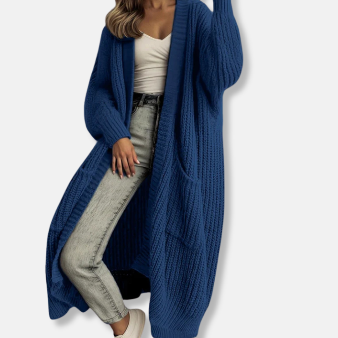 Women's ribbed knit oversized maxi cardigan open front with pockets, cozy fall layering piece