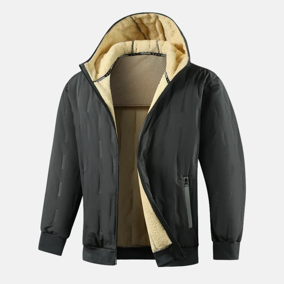 Men's relaxed fit hooded coat with plush lining, zip pockets, cozy insulation for winter warmth
