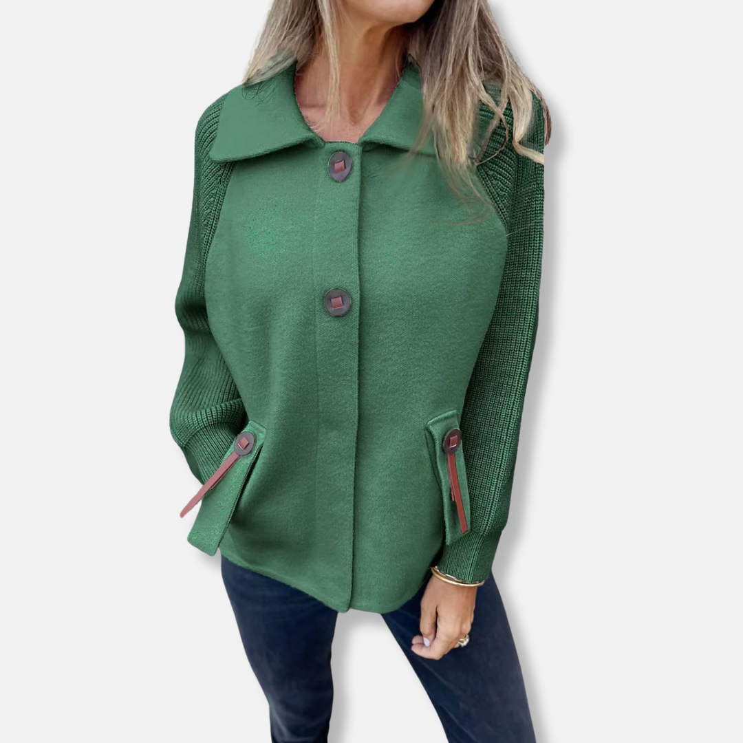 Women's relaxed fit jacket with textured knit sleeves, lapel collar, and button front everyday chic style