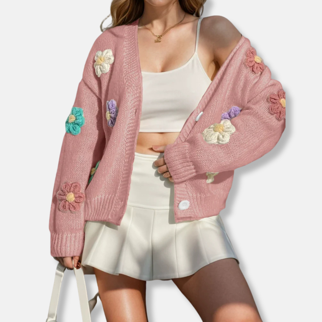 Women's oversized wool blend knitted cardigan with handmade floral accents and button-front closure
