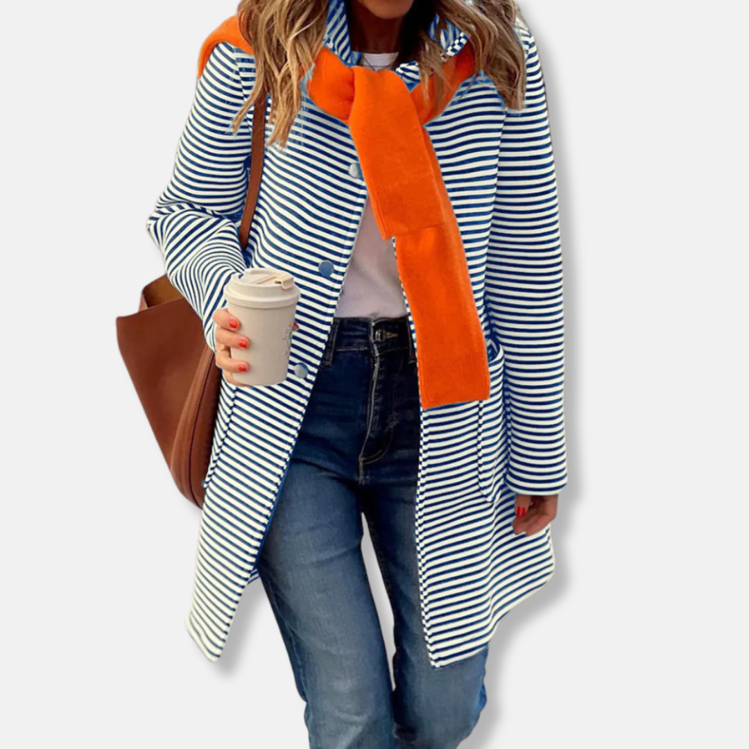 Women's striped cotton blend double-breasted trench coat relaxed fit mid-thigh length office style