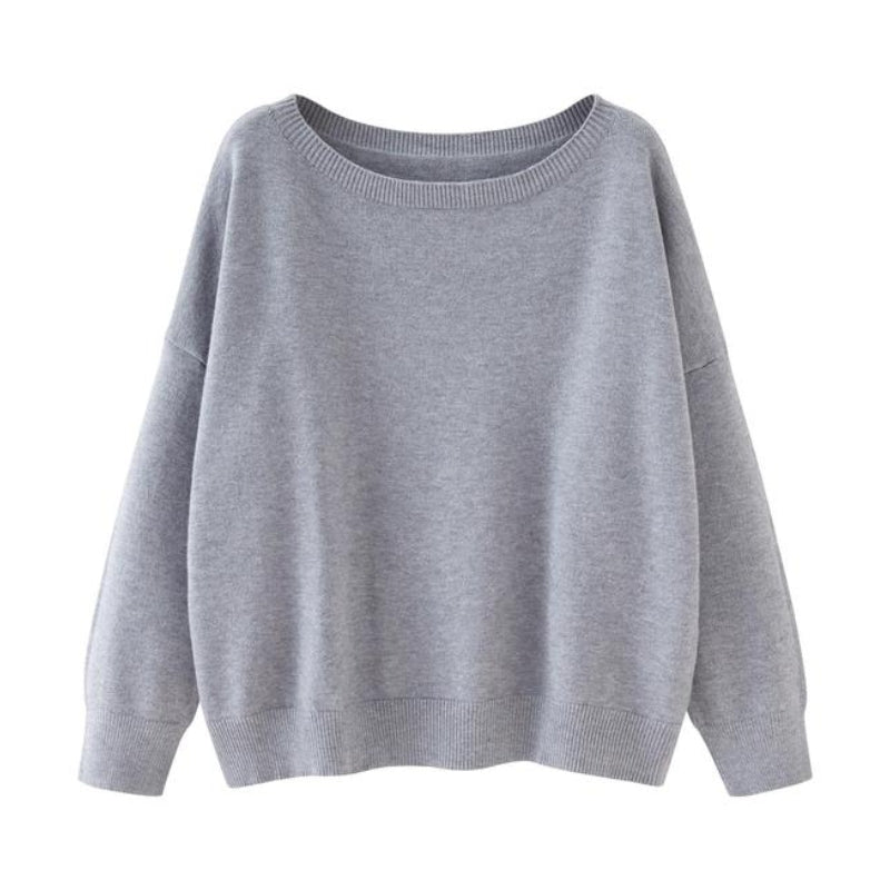 Ovelin beige soft-knit scoop neck sweater with relaxed drop shoulders for effortless layering