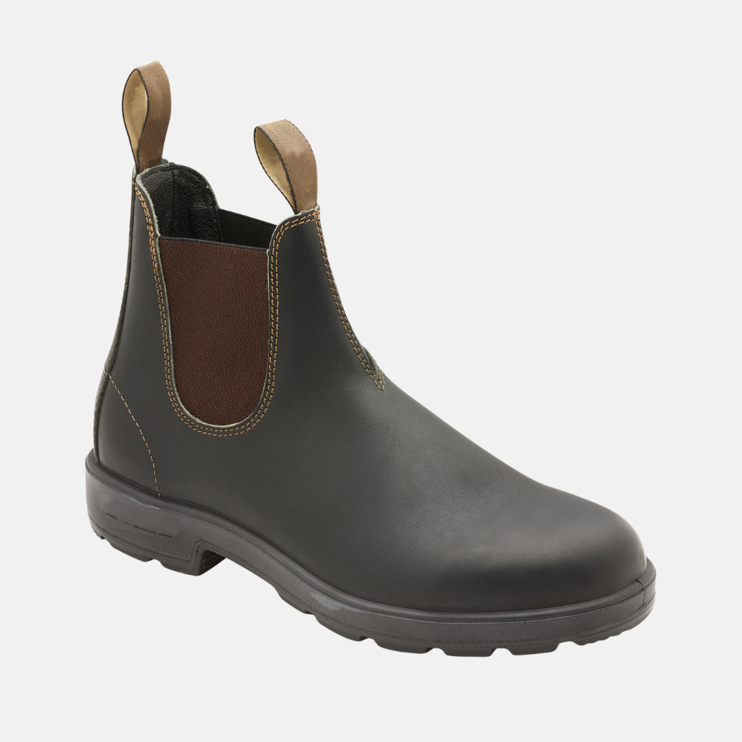 Men's brown leather Chelsea ankle boots with elastic side gussets, slip-on work casual style