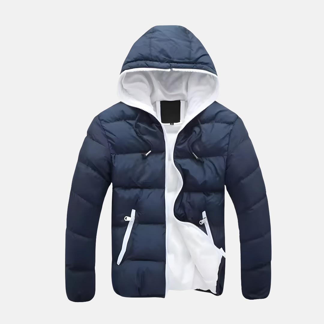 Men's black hooded quilted puffer jacket insulated hip-length relaxed fit winter coat