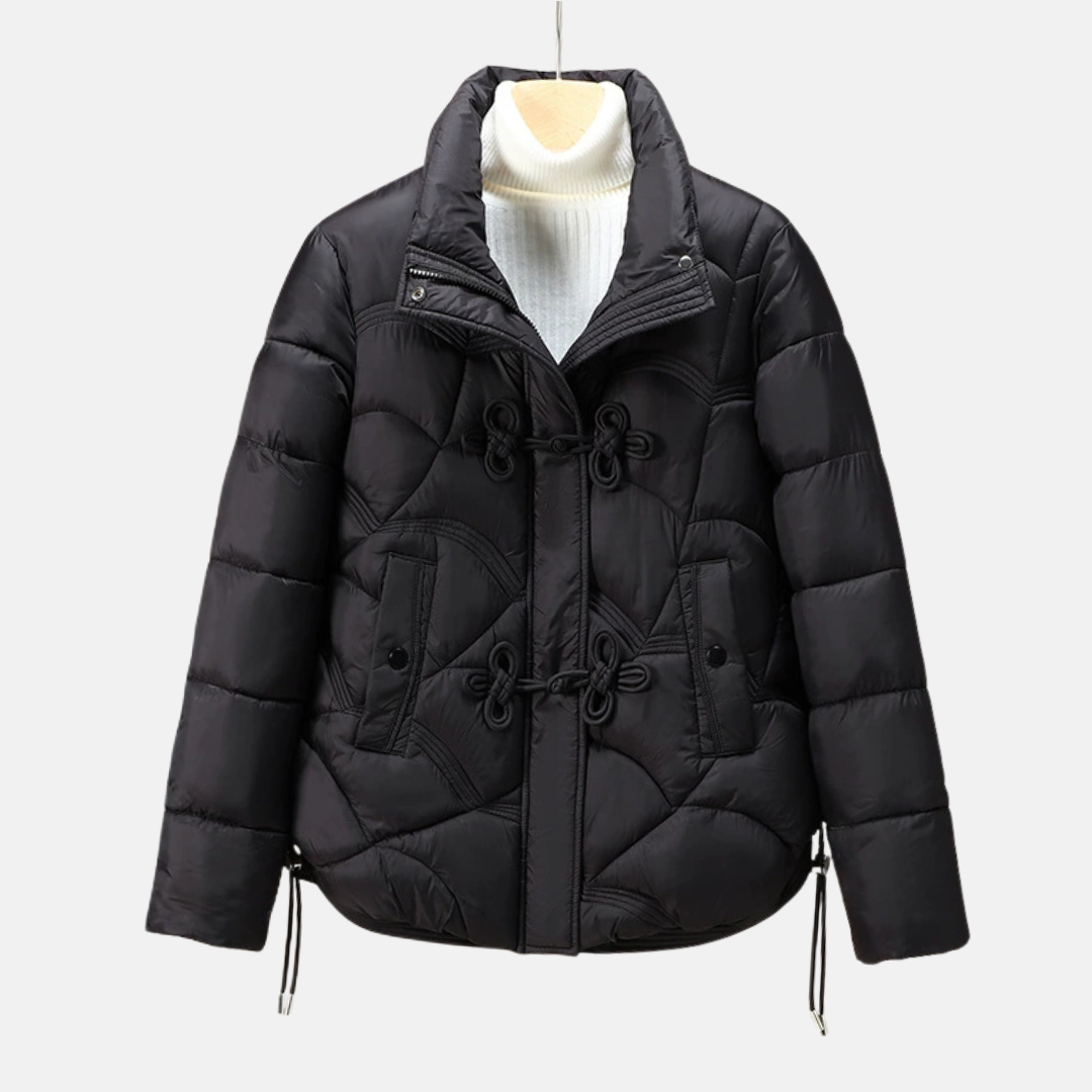 Women's black puffer jacket geometric quilting pattern with frog button closure and adjustable hem