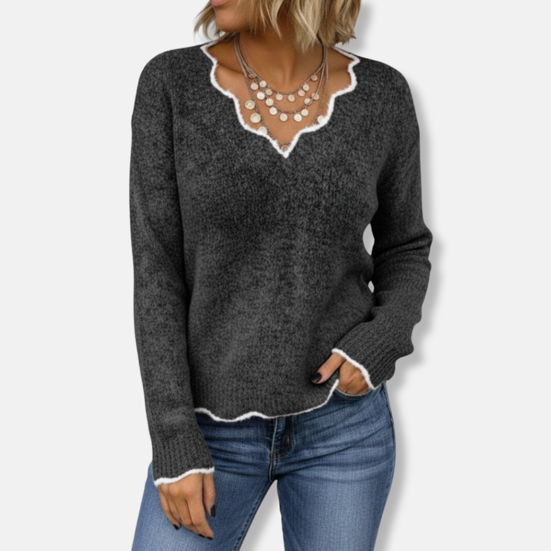 Women's relaxed fit wool knit pullover sweater with scalloped neckline, soft casual style