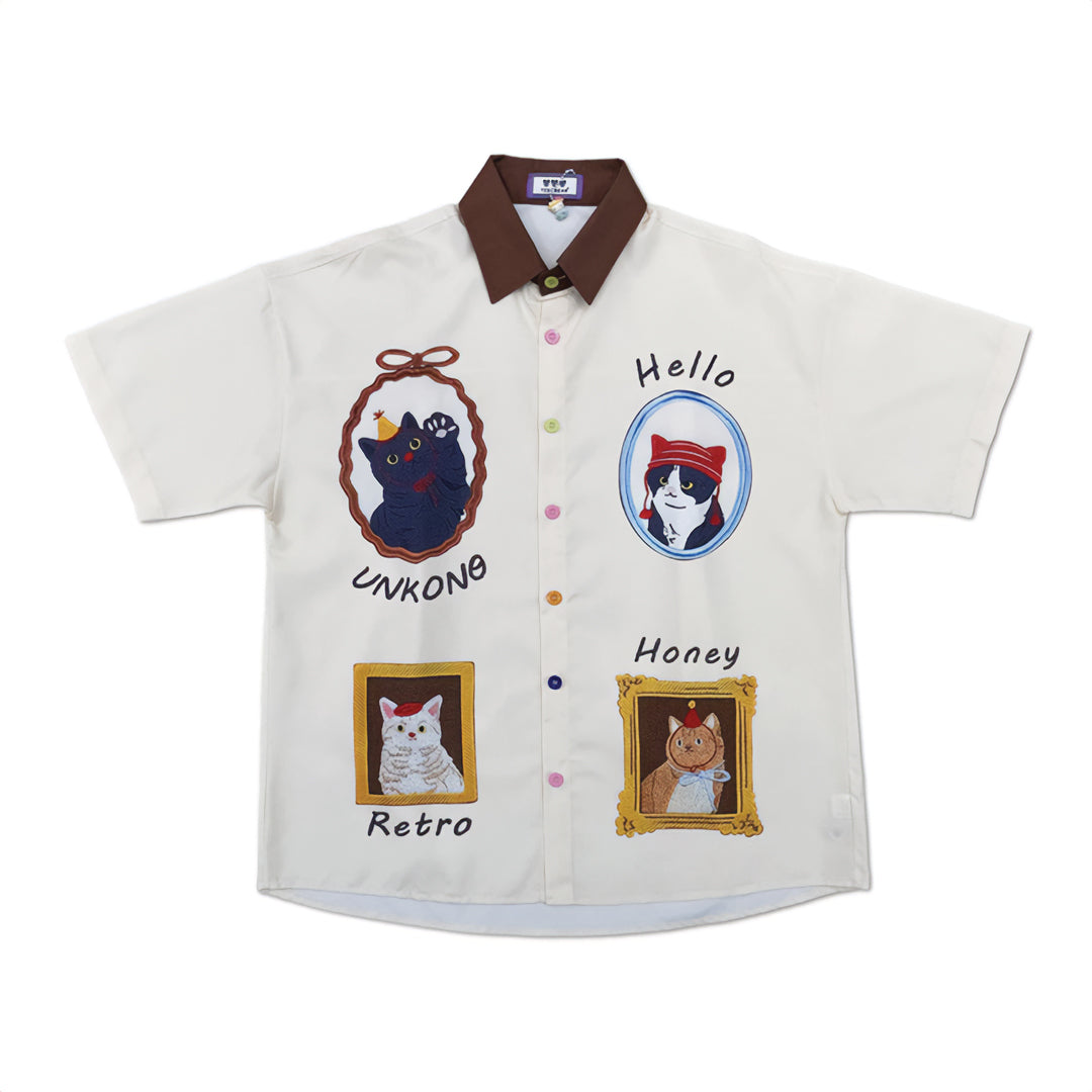White cotton regular fit button-up shirt with playful cat embroidery and turn-down collar
