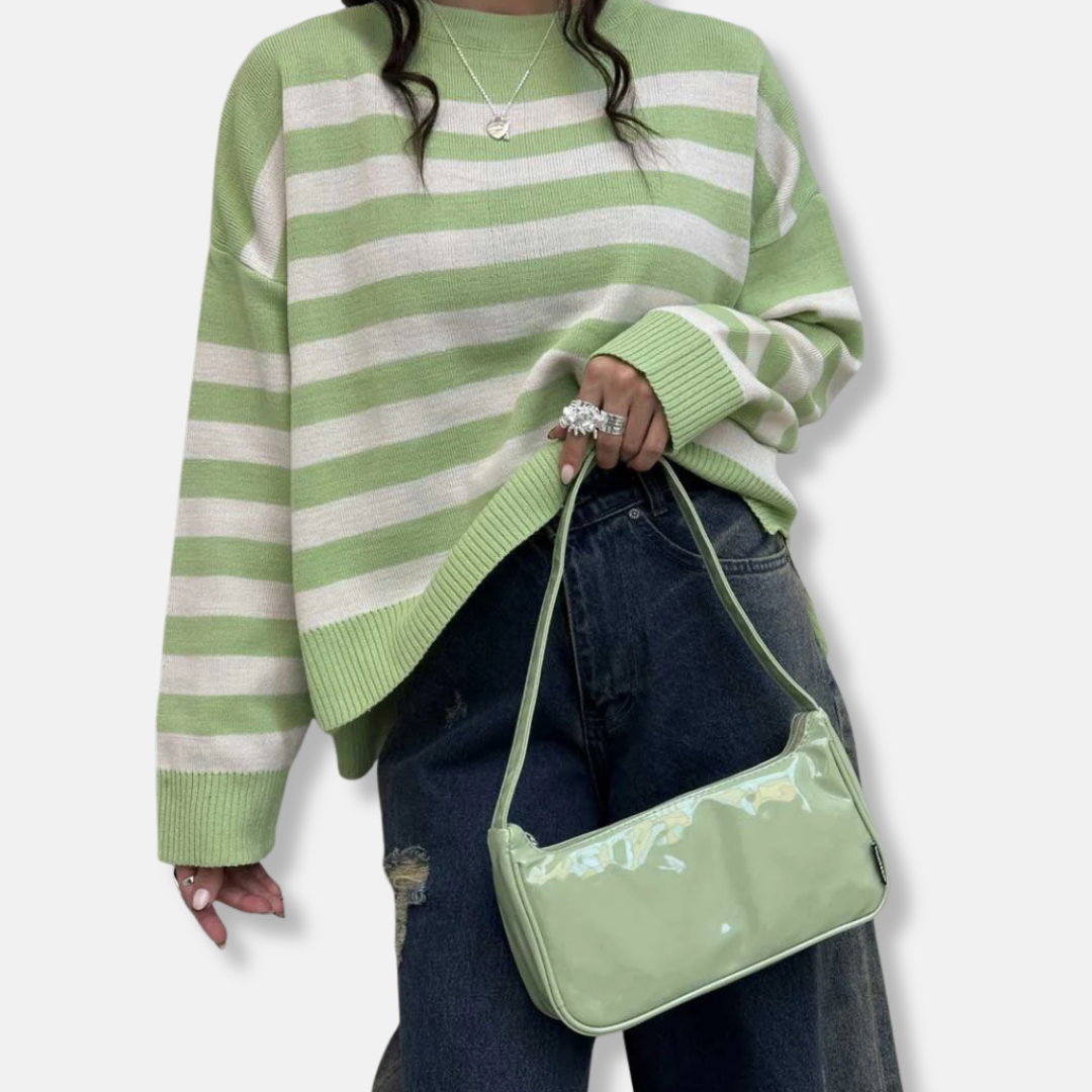 Women's loose fit striped crew neck knit pullover sweatshirt with ribbed hem in classic casual style