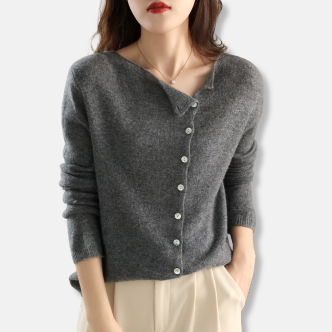 Women's relaxed fit knit cardigan with asymmetrical neckline and ribbed cuffs for sophisticated layering