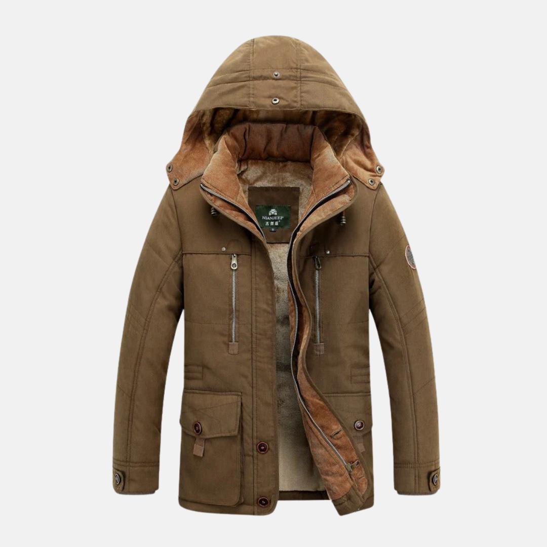 Men's navy insulated padded hooded jacket mid-length cut with multiple pockets by Wavlynn