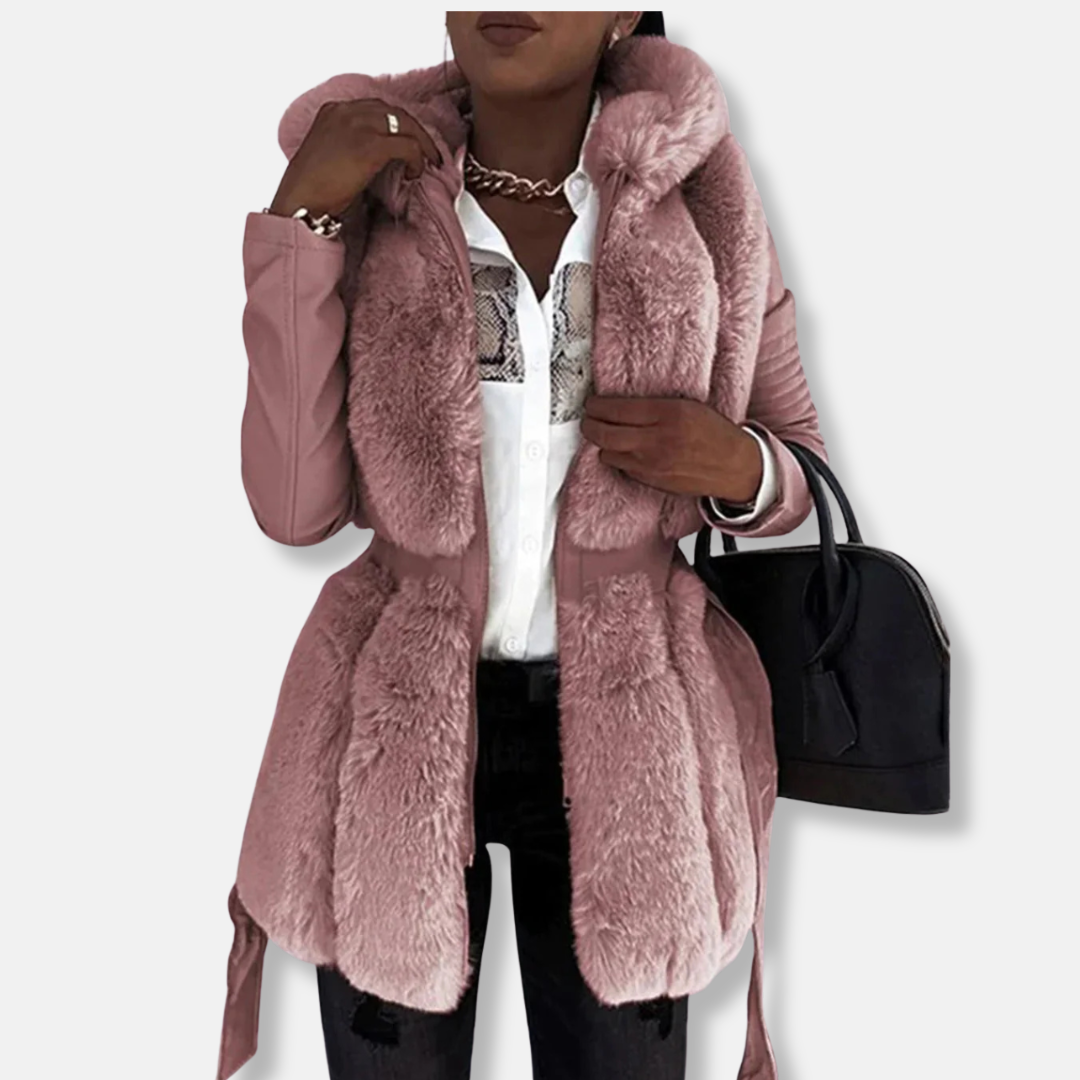 Women's faux fur front mid-length coat in tailored fit with belted waist for modern style