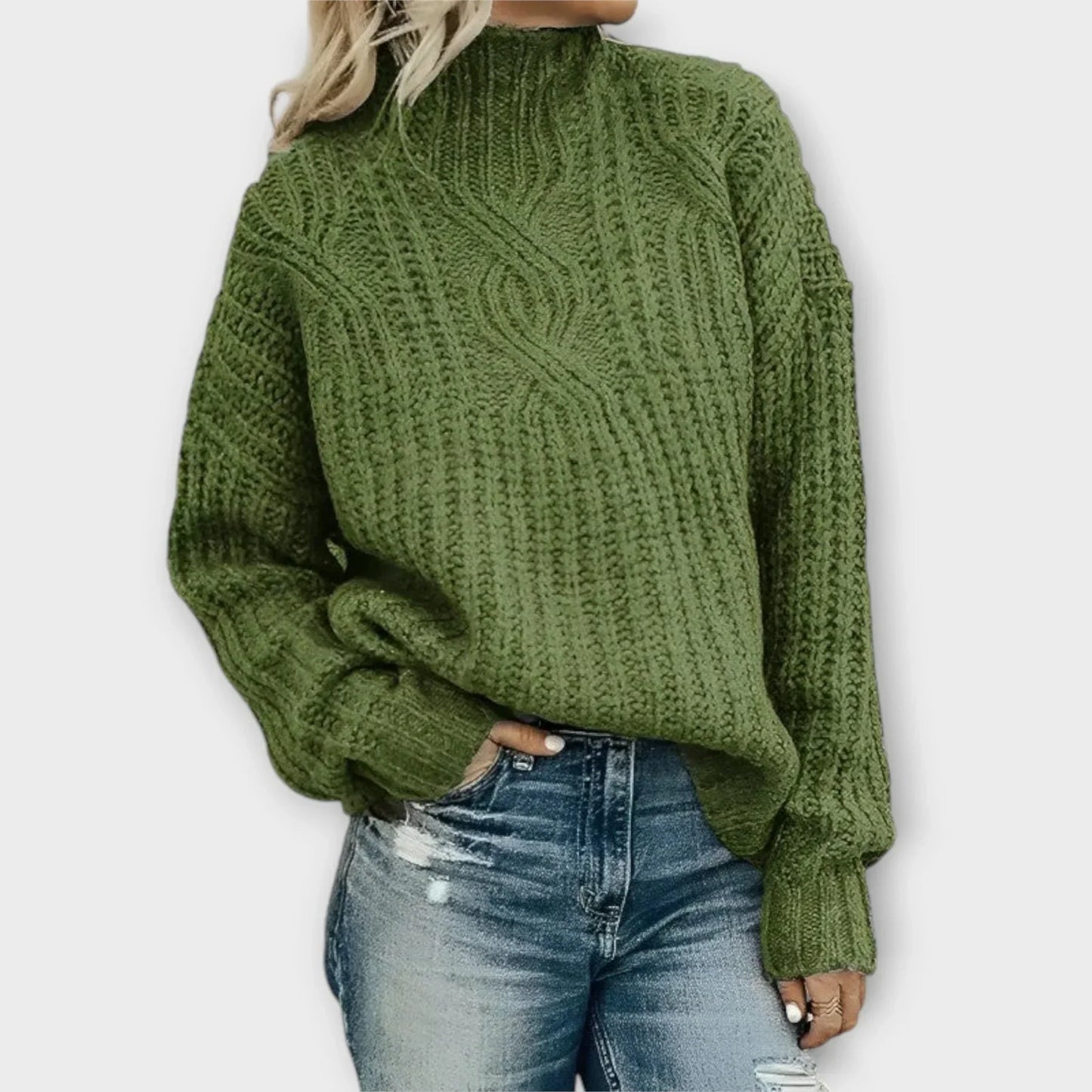 Beige cable-knit high-neck sweater with relaxed fit and sleek silhouette for women